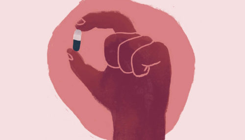 A graphic of a hand holding a pill capsule.