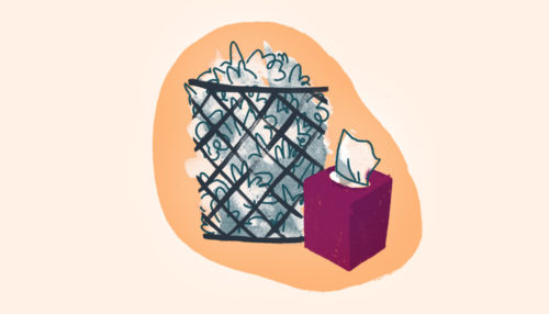 A graphic of a box of tissue next to a wire garbage can full of used tissues.